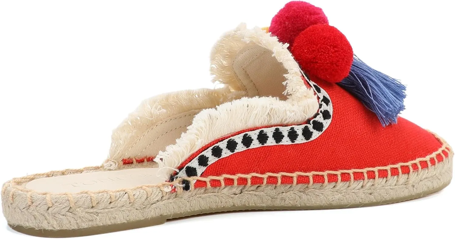 Women's Mule Flat Shoes with Tassel & Pompom, Espadrilles Slides Backless Slipper Slip on Shoes