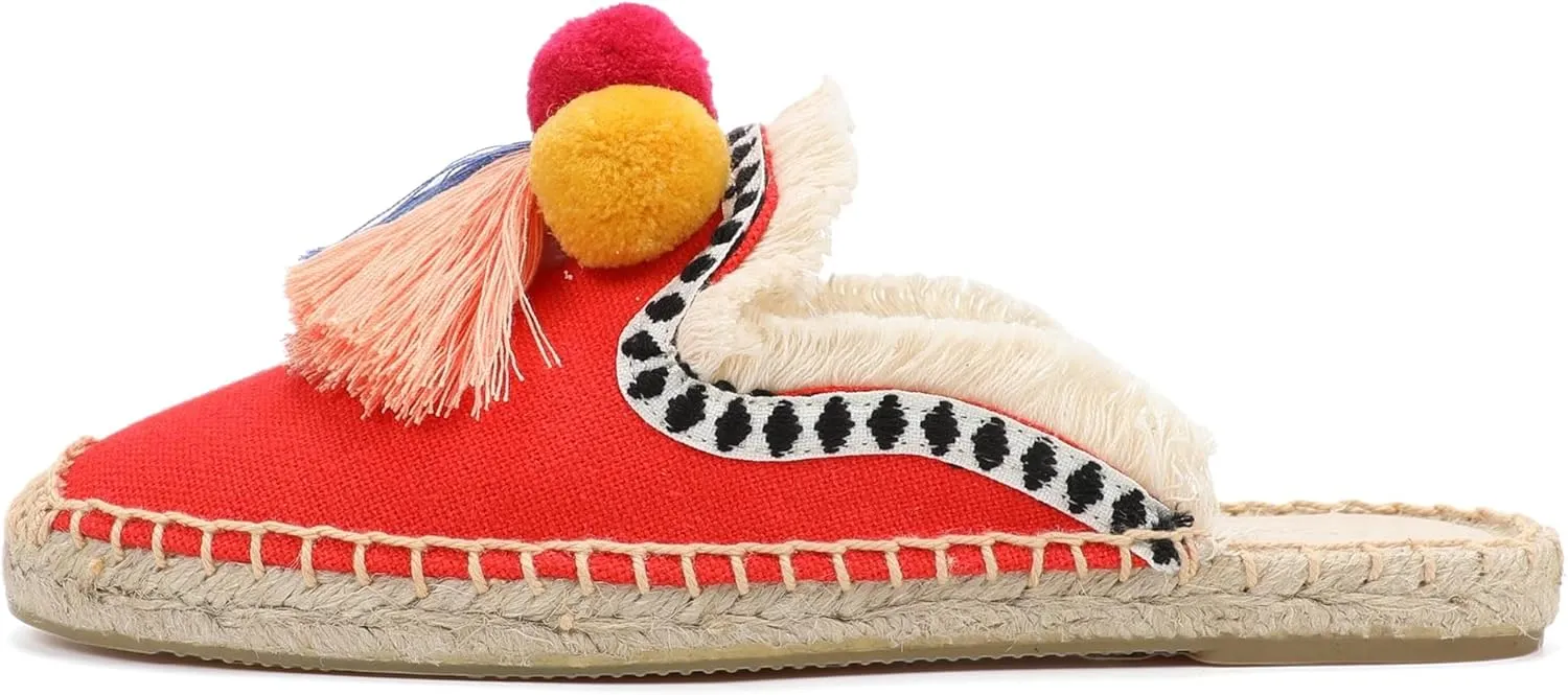 Women's Mule Flat Shoes with Tassel & Pompom, Espadrilles Slides Backless Slipper Slip on Shoes