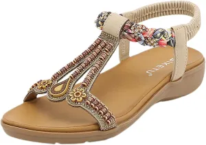 Women's Open Toe Sandals Comfortable Wide Width Lightweight Flat Sandals Breathable Elastic Back Ankle Strap Walking Shoes Jeweled Bling Shoes Slip On Indoor Outdoor
