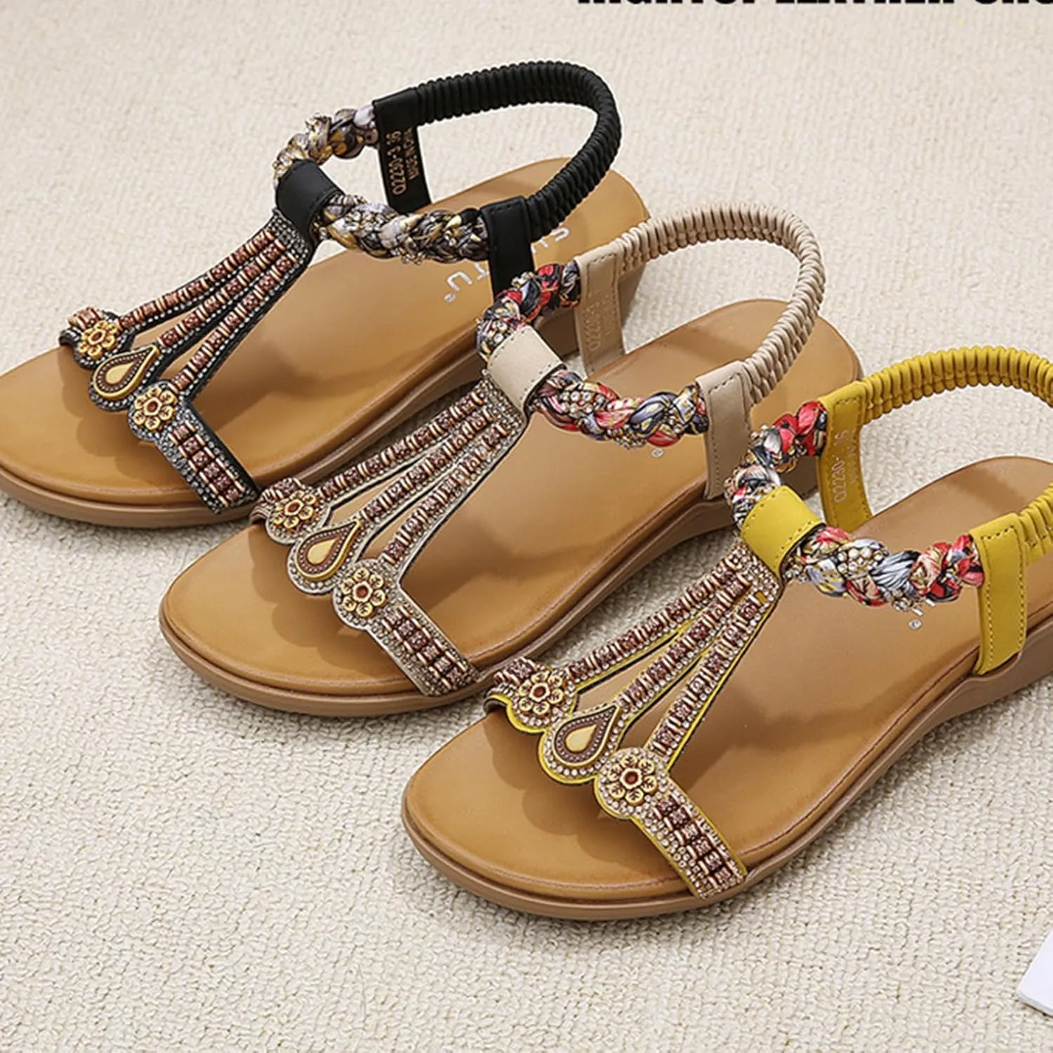 Women's Open Toe Sandals Comfortable Wide Width Lightweight Flat Sandals Breathable Elastic Back Ankle Strap Walking Shoes Jeweled Bling Shoes Slip On Indoor Outdoor
