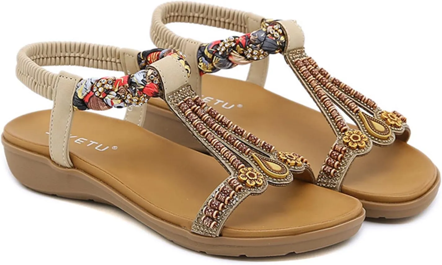 Women's Open Toe Sandals Comfortable Wide Width Lightweight Flat Sandals Breathable Elastic Back Ankle Strap Walking Shoes Jeweled Bling Shoes Slip On Indoor Outdoor