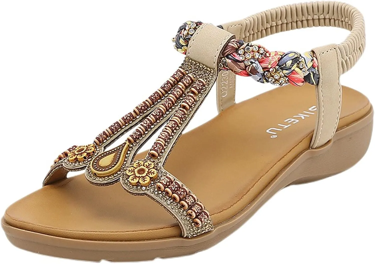 Women's Open Toe Sandals Comfortable Wide Width Lightweight Flat Sandals Breathable Elastic Back Ankle Strap Walking Shoes Jeweled Bling Shoes Slip On Indoor Outdoor