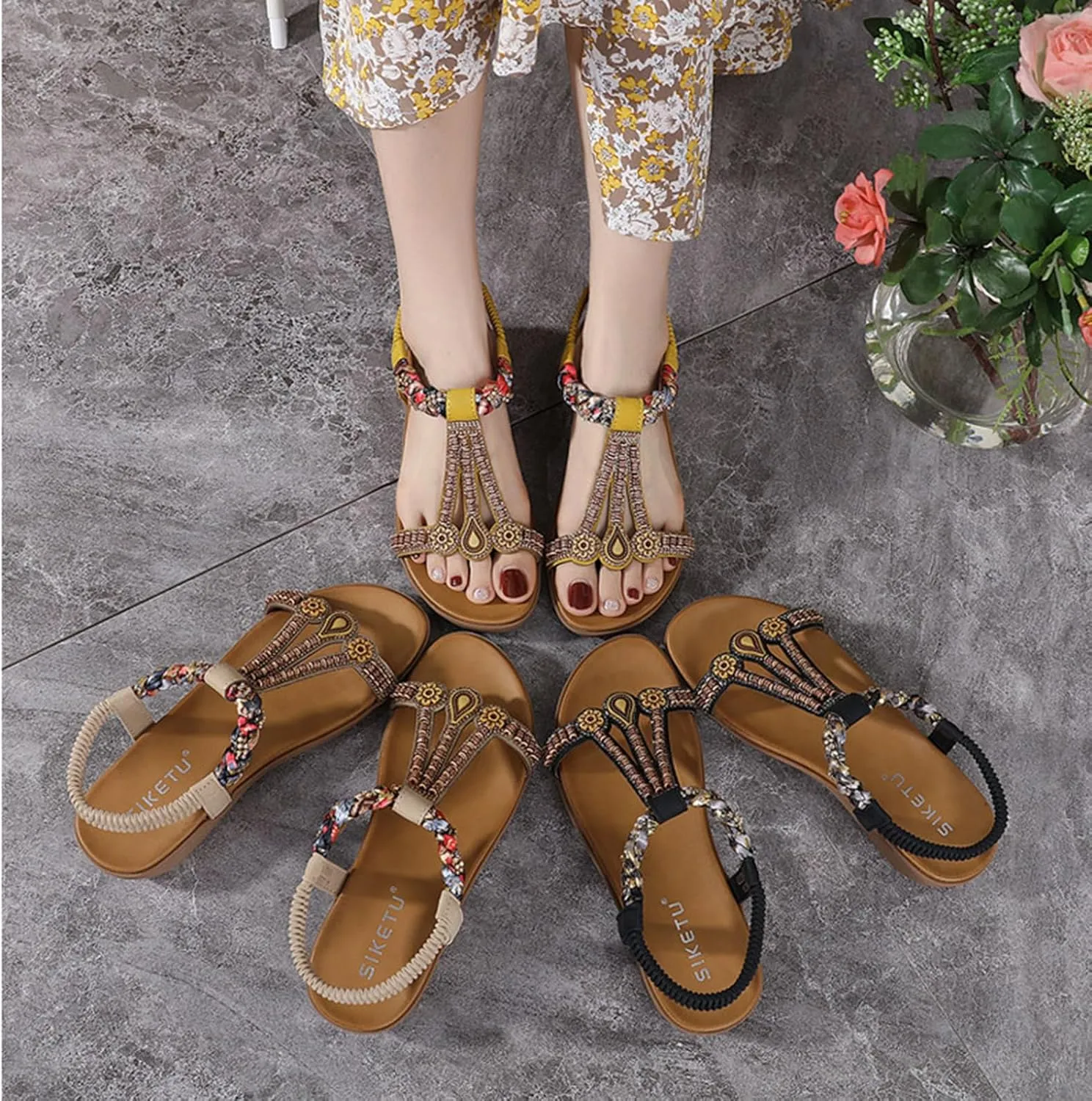 Women's Open Toe Sandals Comfortable Wide Width Lightweight Flat Sandals Breathable Elastic Back Ankle Strap Walking Shoes Jeweled Bling Shoes Slip On Indoor Outdoor