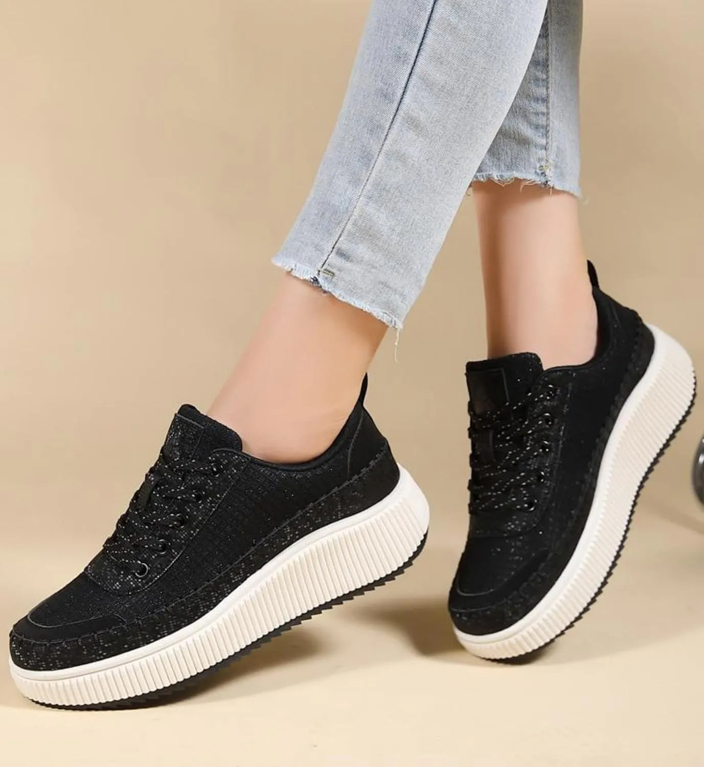 Women's Platform Sneakers Lace-Up Braided Casual Walking Shoes