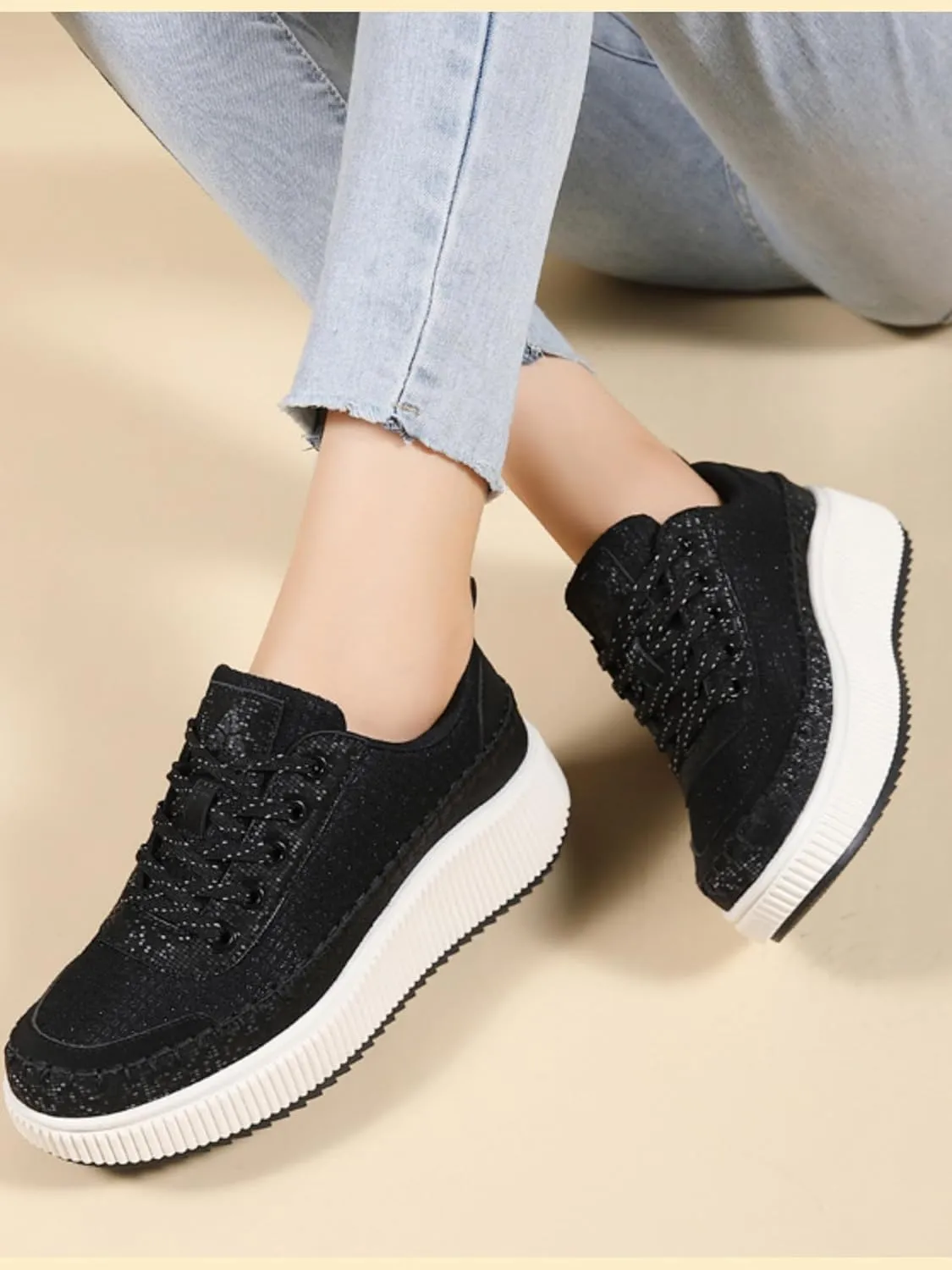 Women's Platform Sneakers Lace-Up Braided Casual Walking Shoes
