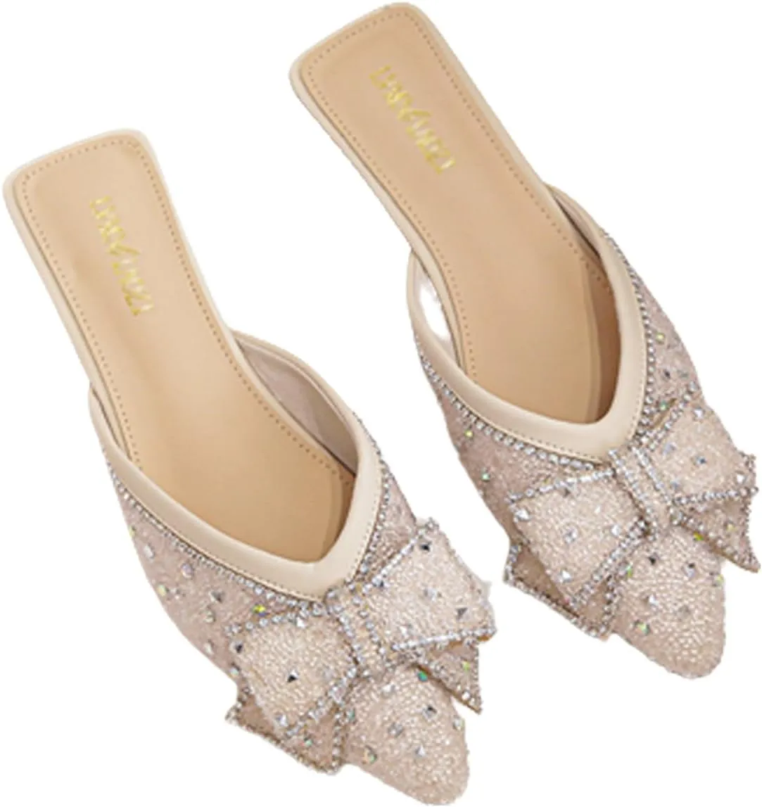Women's Rhinestone Bow Flat Mules,Fashion Sequins Bow-Knot Closed Pointed Toe Backless Comfortable Slip-On Beef Tendon Soft Sole Slides Wedding Party Mule Shoes