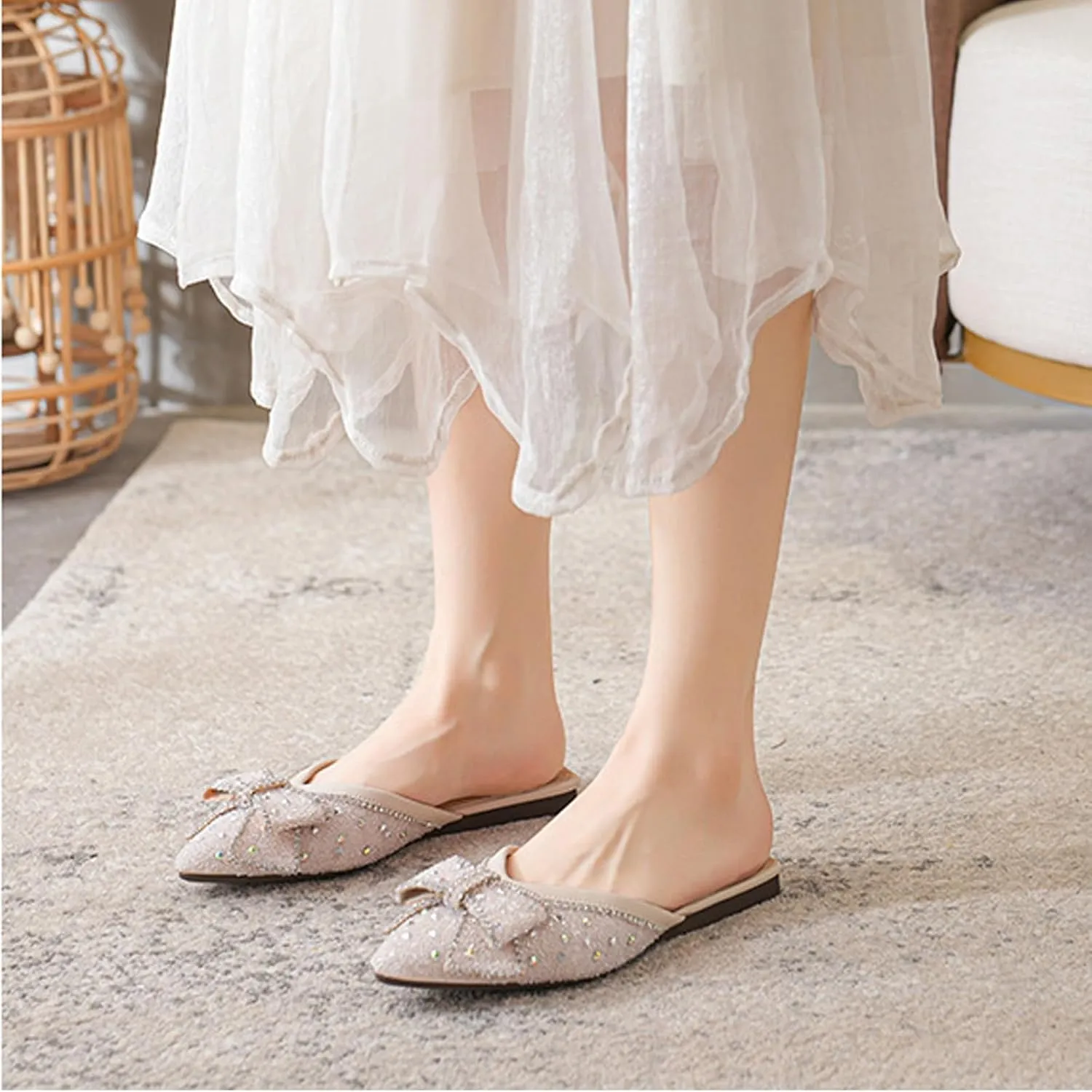 Women's Rhinestone Bow Flat Mules,Fashion Sequins Bow-Knot Closed Pointed Toe Backless Comfortable Slip-On Beef Tendon Soft Sole Slides Wedding Party Mule Shoes