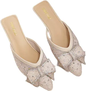 Women's Rhinestone Bow Flat Mules,Fashion Sequins Bow-Knot Closed Pointed Toe Backless Comfortable Slip-On Beef Tendon Soft Sole Slides Wedding Party Mule Shoes