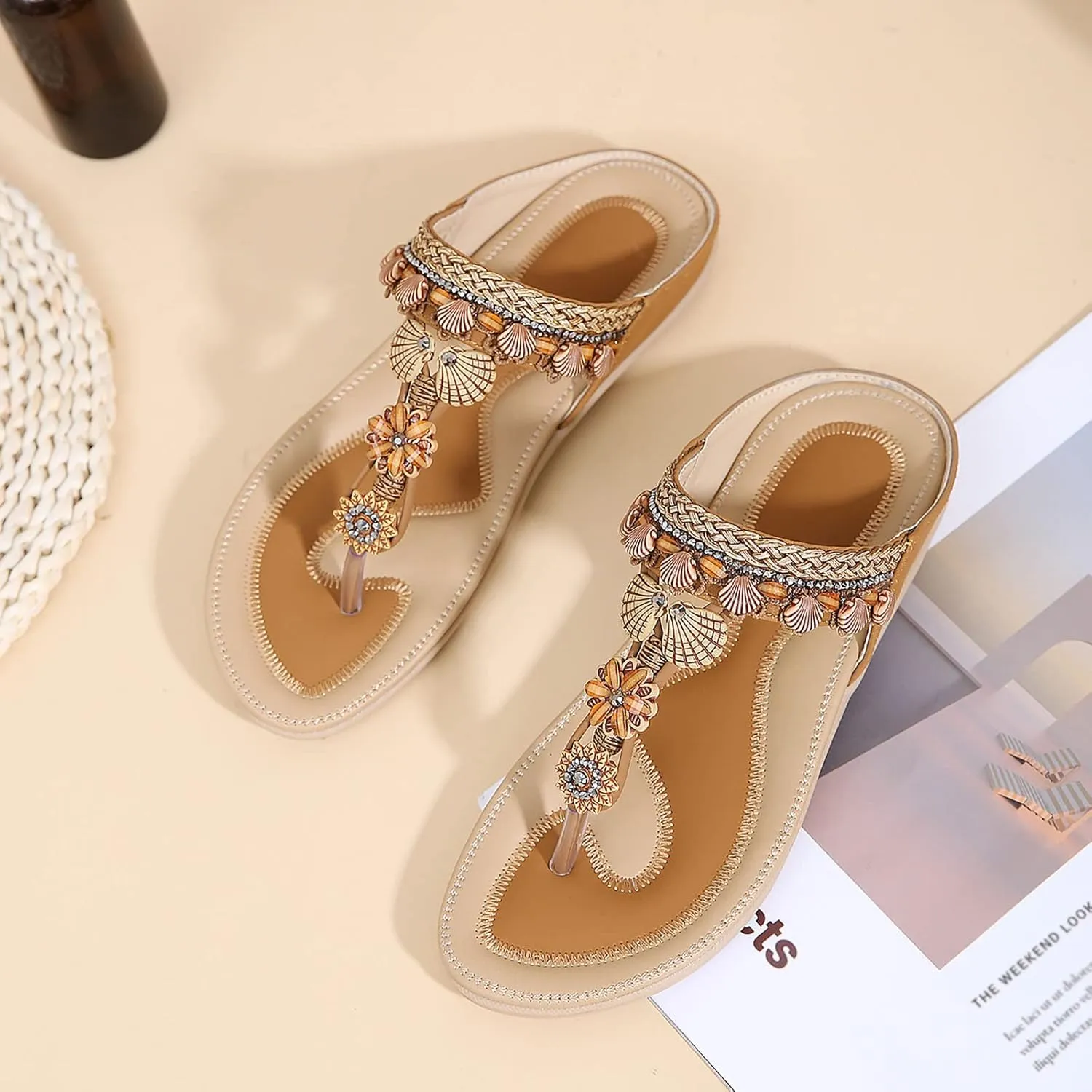 Womens Sandals Womens Sandals Shoes Walking Sandal Non Slip Casual Summer Beach Shoes Dress Women's Fashion Flip Flop Bohemia Flowers Wedge Sandal With Arch Support Clip Toe Comfort Slip On Slingback Slides