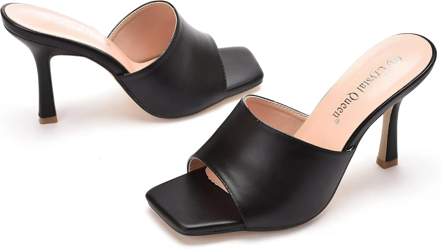Women's Square Open Toe Heeled Sandals Slippers White Stiletto Heels Sandals Fashion Casual Peep Toe Slippers Slip On Mule Slide Sandal