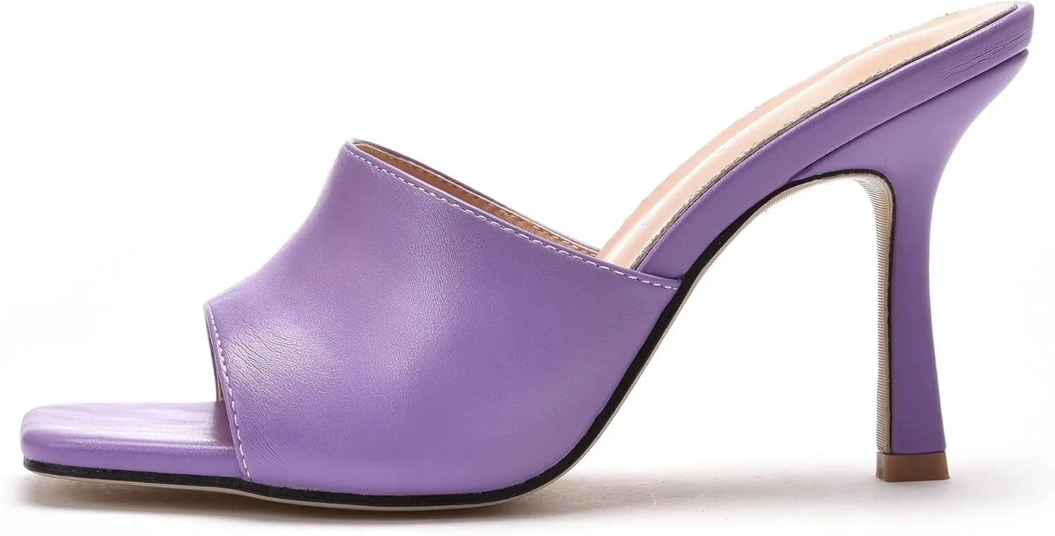 Women's Square Open Toe Heeled Sandals Slippers White Stiletto Heels Sandals Fashion Casual Peep Toe Slippers Slip On Mule Slide Sandal