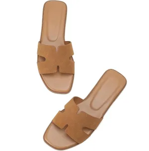 Women's Suede Flat Sandals Open Toe Slip on Sandals Comfort Slide Sandals for Women with Memory Foam