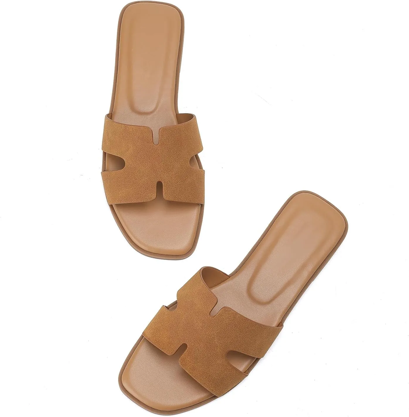 Women's Suede Flat Sandals Open Toe Slip on Sandals Comfort Slide Sandals for Women with Memory Foam