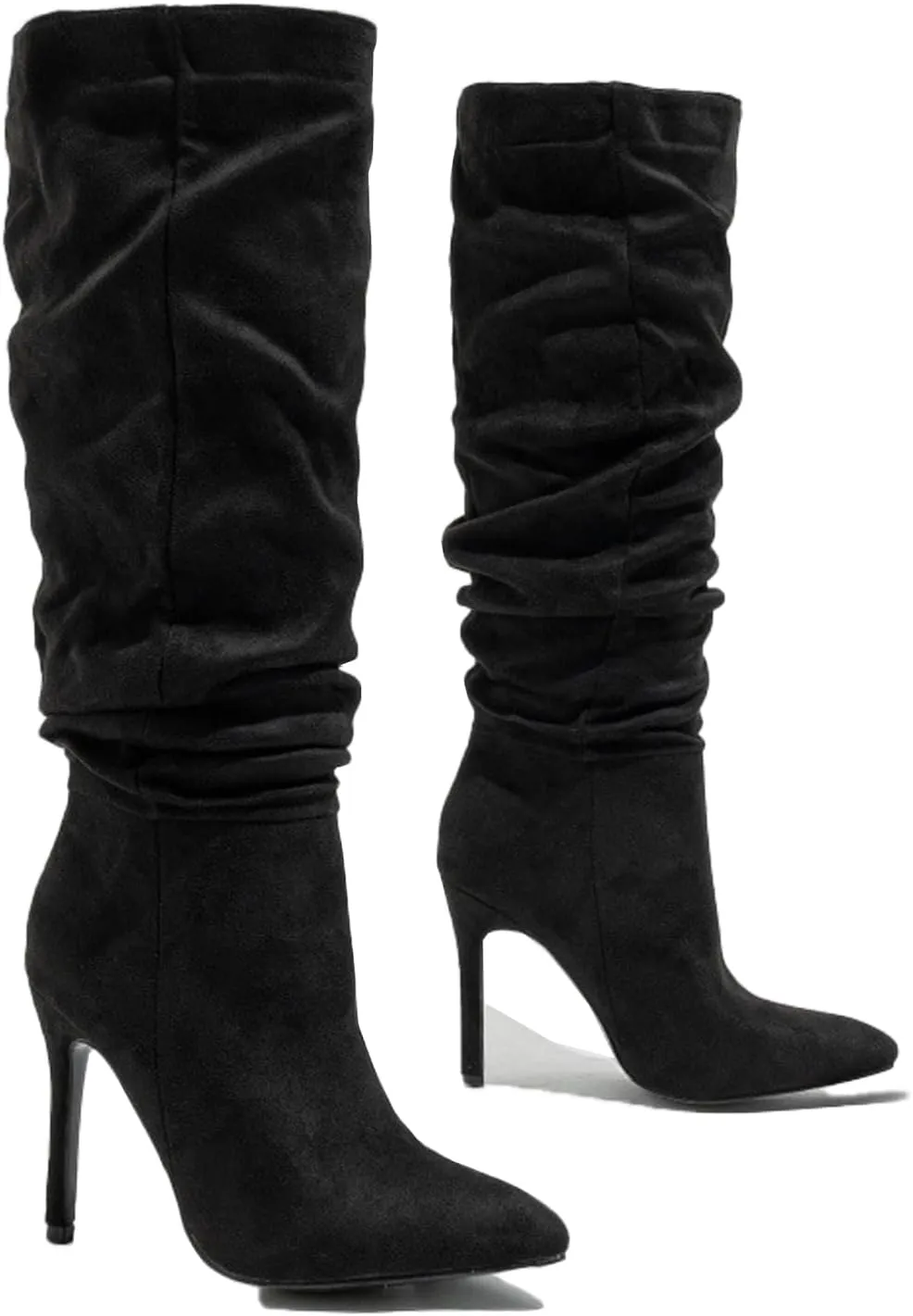Women'S Suede Pointed Stiletto Knee High Boots Fashion Slouchy Wrinkles Slip-On High Heels Tall Boot Sexy Dance Party Dress Boots