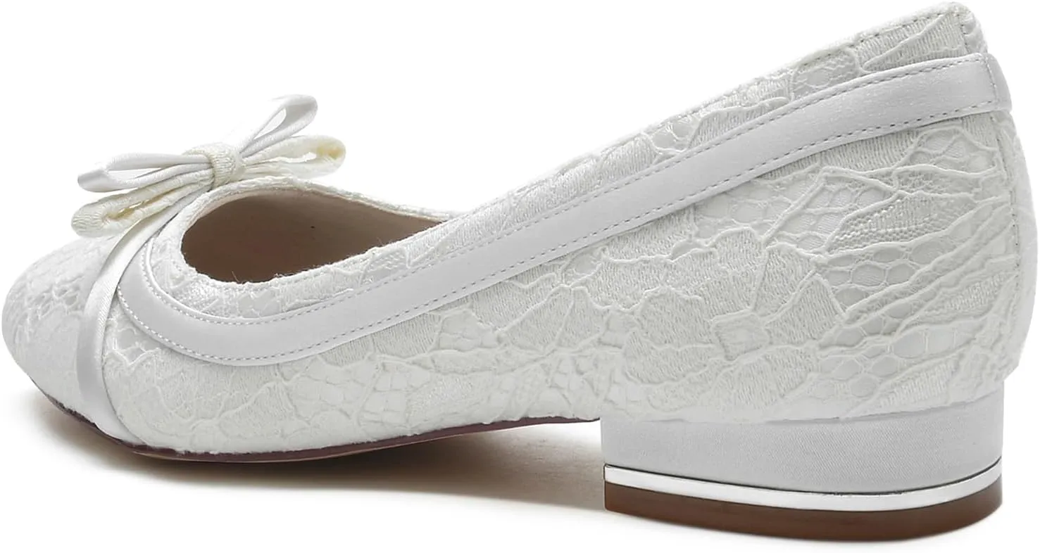 Women's Wedding Lace Shoes Bride Rhinestone Round Toe Wedding Dress Shoes Closed Ballet Flats
