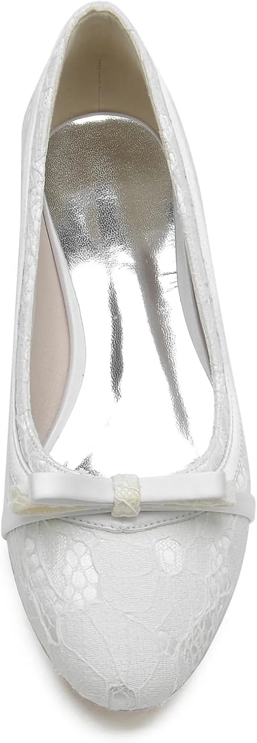 Women's Wedding Lace Shoes Bride Rhinestone Round Toe Wedding Dress Shoes Closed Ballet Flats