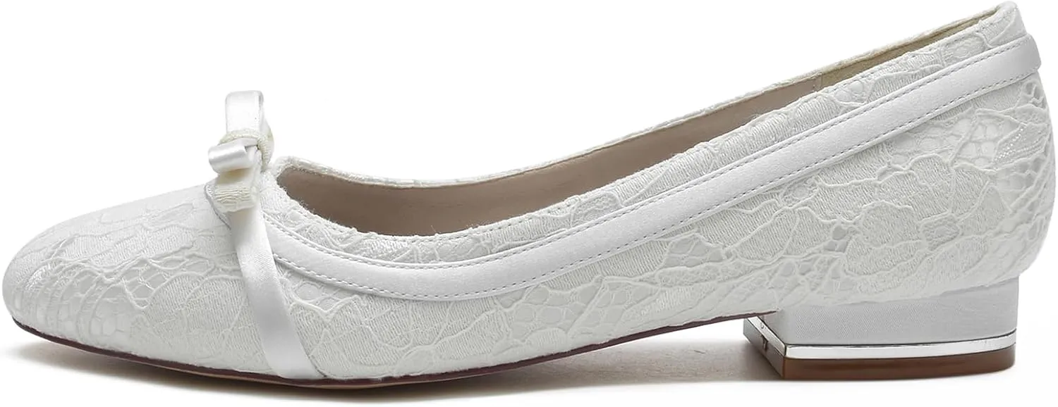 Women's Wedding Lace Shoes Bride Rhinestone Round Toe Wedding Dress Shoes Closed Ballet Flats