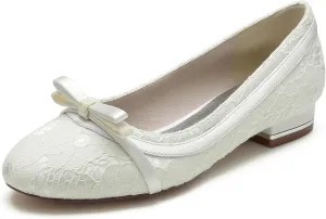 Women's Wedding Lace Shoes Bride Rhinestone Round Toe Wedding Dress Shoes Closed Ballet Flats
