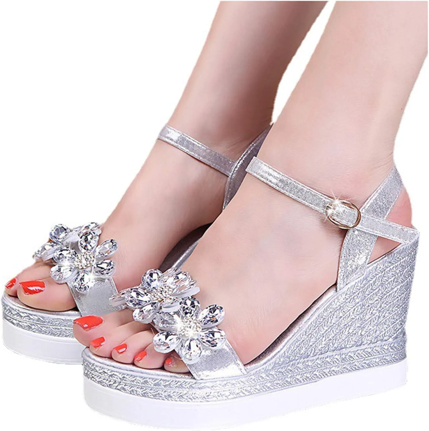 Womens Wedges Platforms Crystal Floral Sandals,Summer Casual Ankle Straps Buckle Open Toe Chunky High Heels Sandalias Comfy Banquet Party Shoes