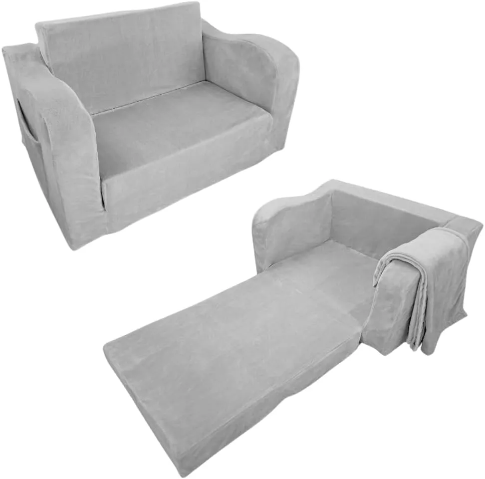 Wonder Space Kids Foam Couch with Blanket, Pre-Assembled Toddlers 2-in-1 Convertible Sofa, Indoor Foadable Lounger Chair & Flip Open Floor Bed for Boys & Girls (Grey)