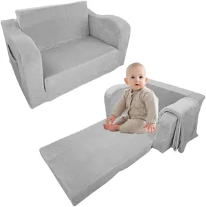 Wonder Space Kids Foam Couch with Blanket, Pre-Assembled Toddlers 2-in-1 Convertible Sofa, Indoor Foadable Lounger Chair & Flip Open Floor Bed for Boys & Girls (Grey)
