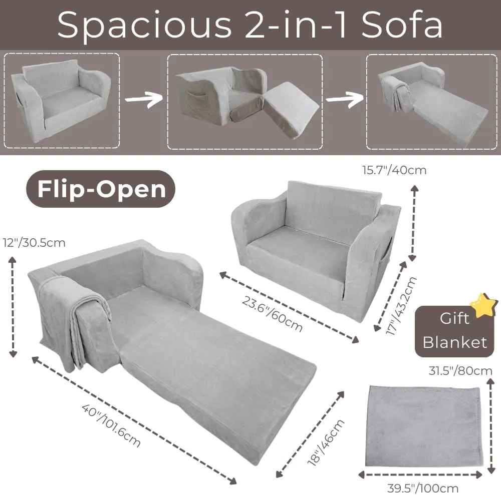 Wonder Space Kids Foam Couch with Blanket, Pre-Assembled Toddlers 2-in-1 Convertible Sofa, Indoor Foadable Lounger Chair & Flip Open Floor Bed for Boys & Girls (Grey)