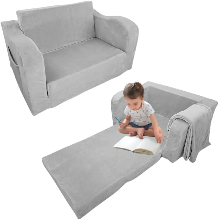 Wonder Space Kids Foam Couch with Blanket, Pre-Assembled Toddlers 2-in-1 Convertible Sofa, Indoor Foadable Lounger Chair & Flip Open Floor Bed for Boys & Girls (Grey)