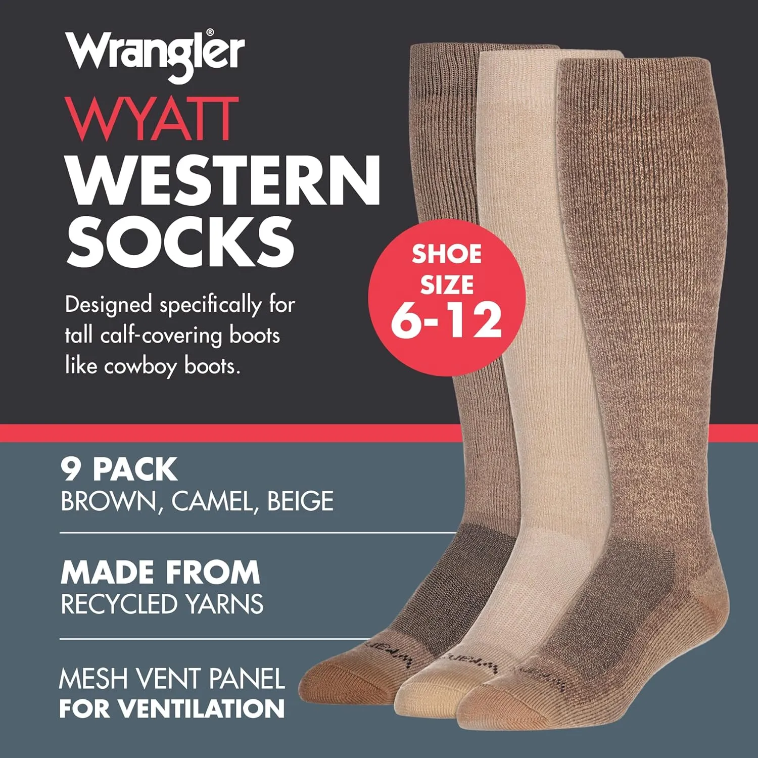 Wrangler Ryder Western Cowboy Boot Socks for Men - Over Calf, Cushioned Sole, Moisture-Wicking, Durable Design