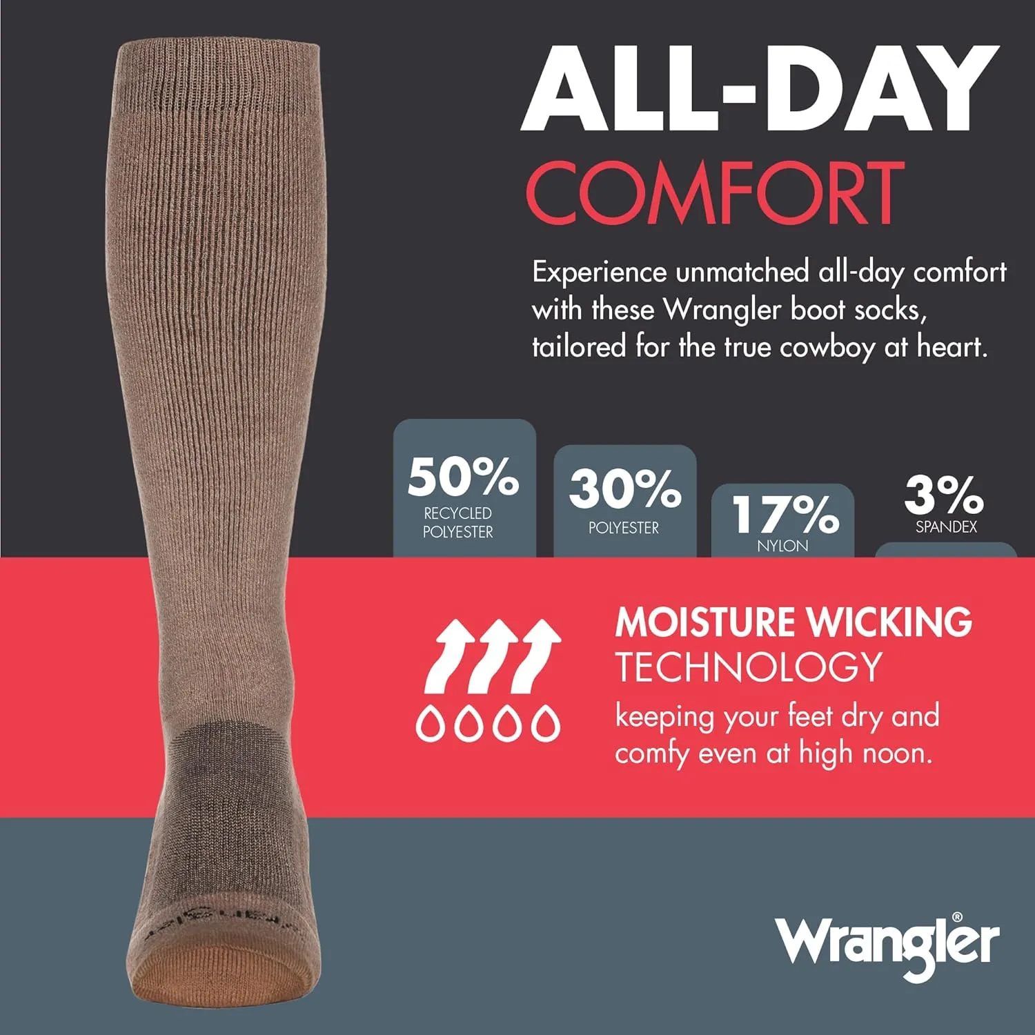 Wrangler Ryder Western Cowboy Boot Socks for Men - Over Calf, Cushioned Sole, Moisture-Wicking, Durable Design
