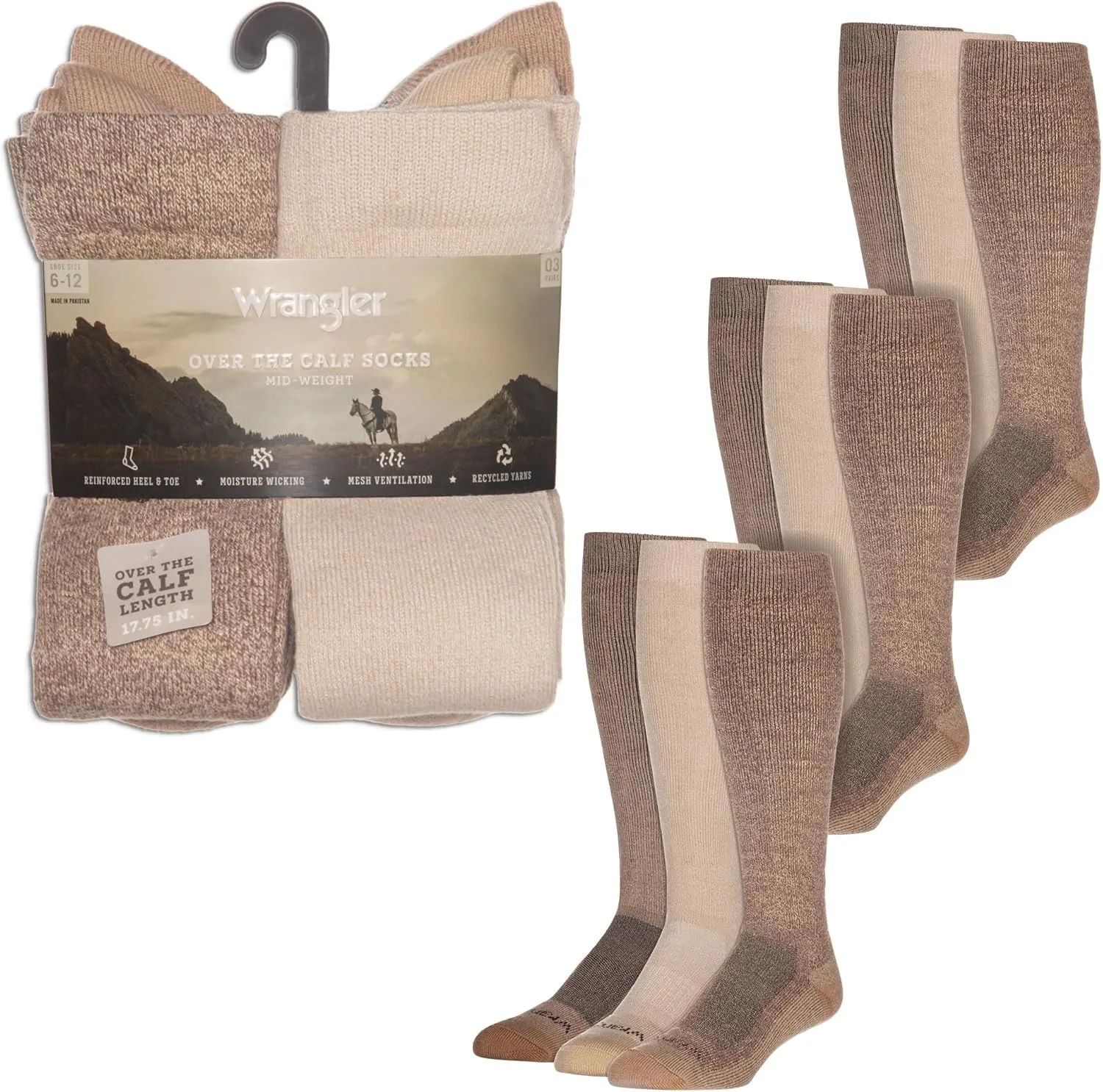 Wrangler Ryder Western Cowboy Boot Socks for Men - Over Calf, Cushioned Sole, Moisture-Wicking, Durable Design