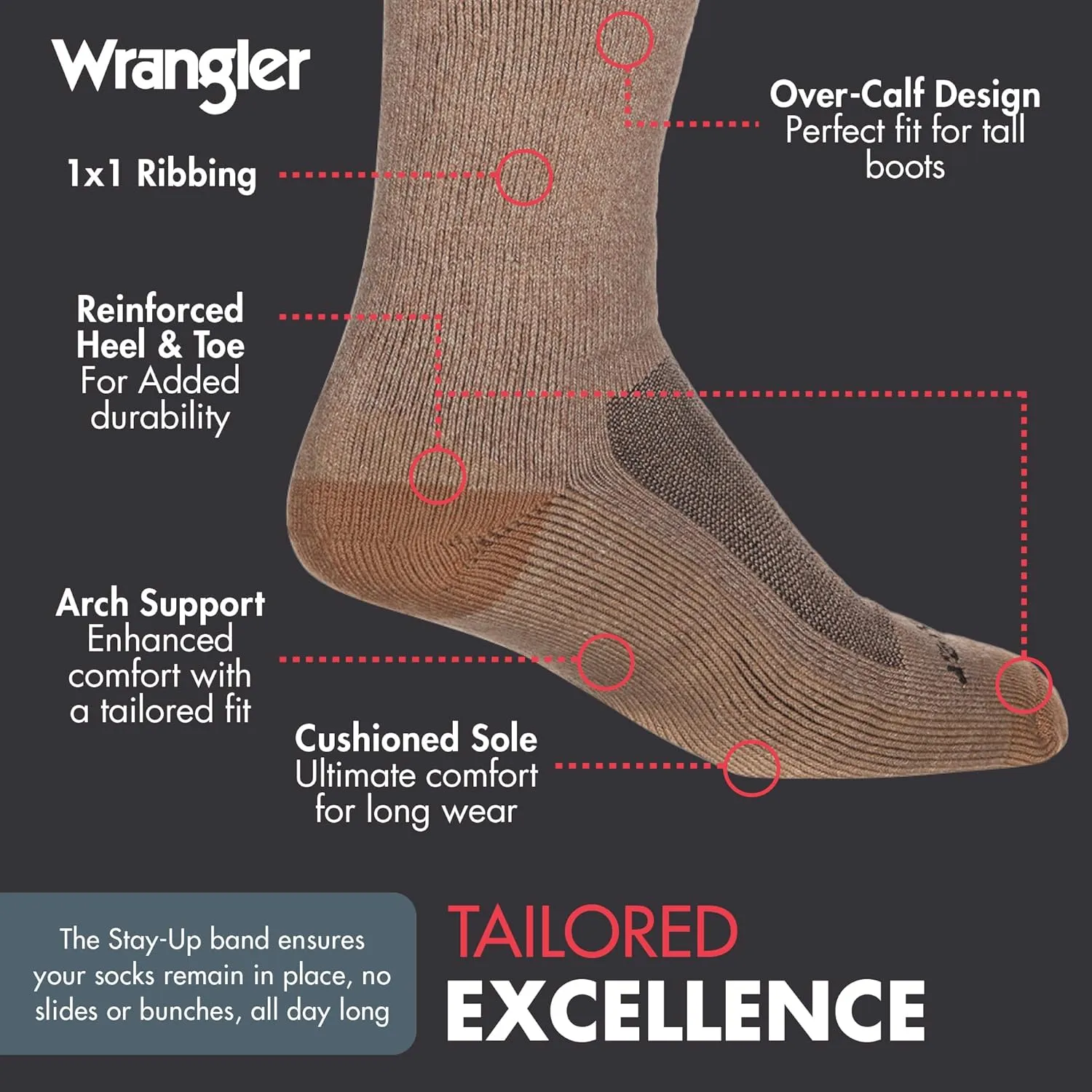 Wrangler Ryder Western Cowboy Boot Socks for Men - Over Calf, Cushioned Sole, Moisture-Wicking, Durable Design