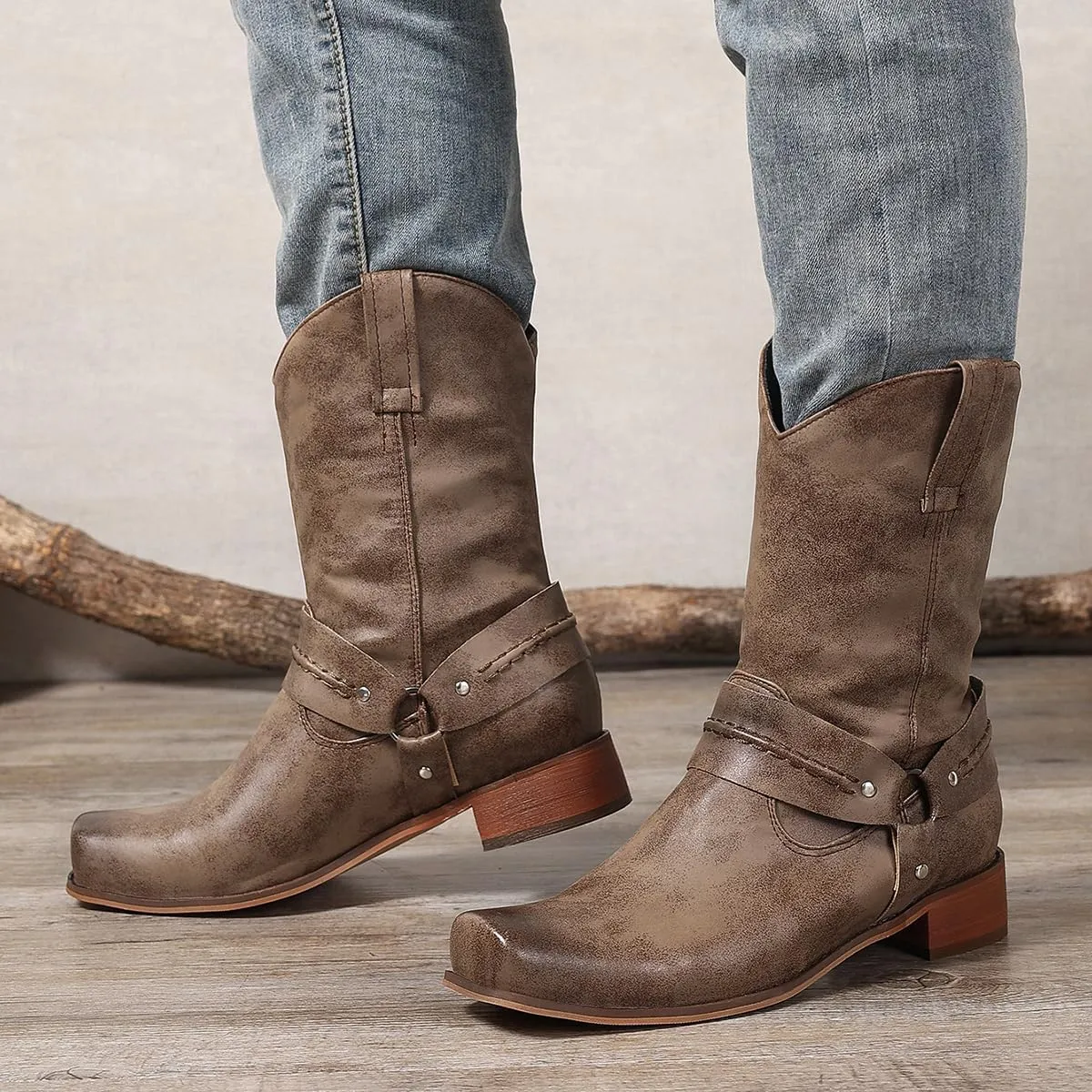 yamerbo Men's Western Cowboy Boots Square Toe Leather Cowboy Boots Classic Retro Pull-On Mid-Calf Biker Work Boots for Men
