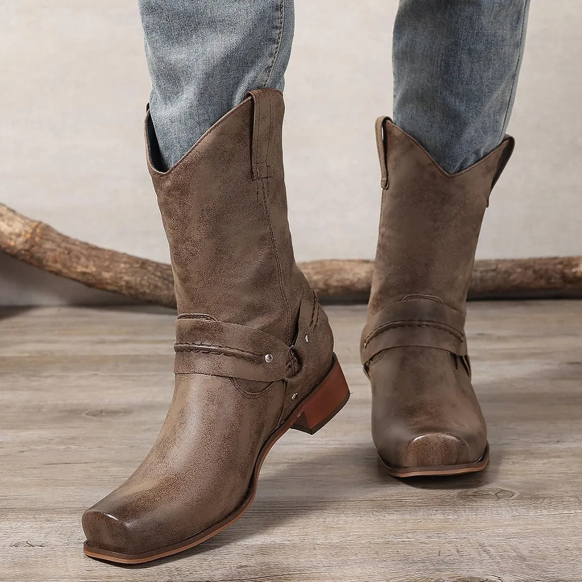 yamerbo Men's Western Cowboy Boots Square Toe Leather Cowboy Boots Classic Retro Pull-On Mid-Calf Biker Work Boots for Men