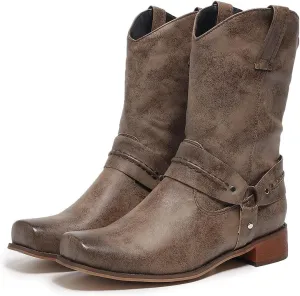yamerbo Men's Western Cowboy Boots Square Toe Leather Cowboy Boots Classic Retro Pull-On Mid-Calf Biker Work Boots for Men
