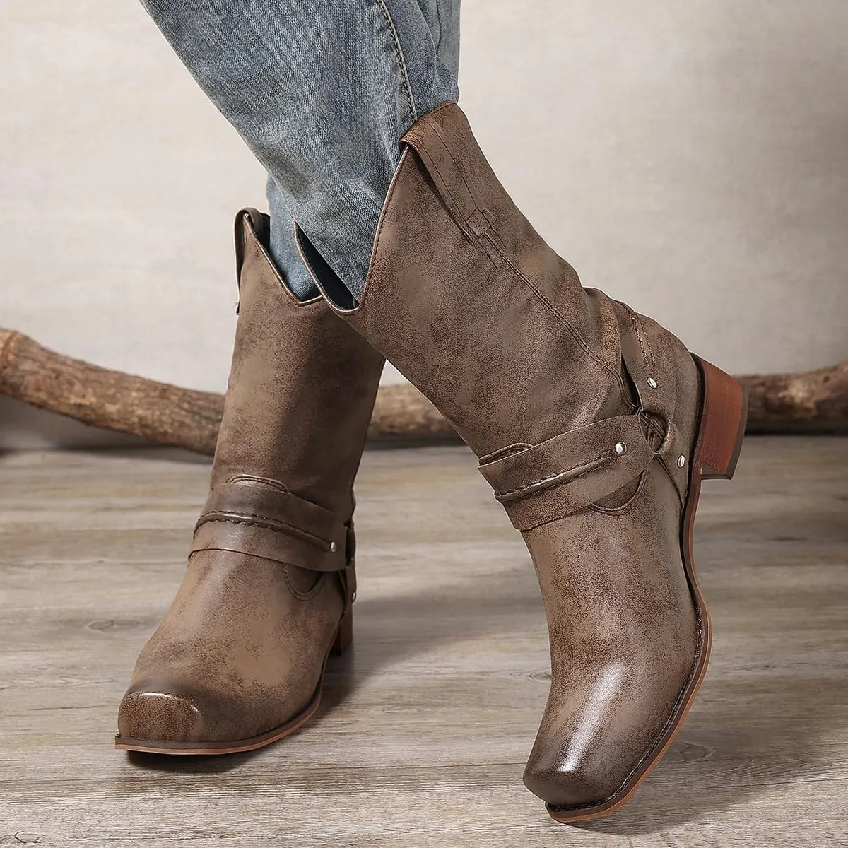 yamerbo Men's Western Cowboy Boots Square Toe Leather Cowboy Boots Classic Retro Pull-On Mid-Calf Biker Work Boots for Men
