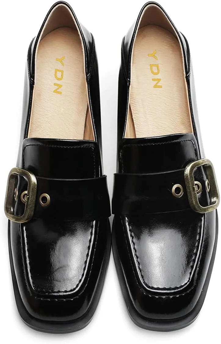 YDN Women Square Toe Heeled Loafers Slip on Block Low Heel Pumps Buckle Fashion Formal Wear Shoes Size 4-15 US