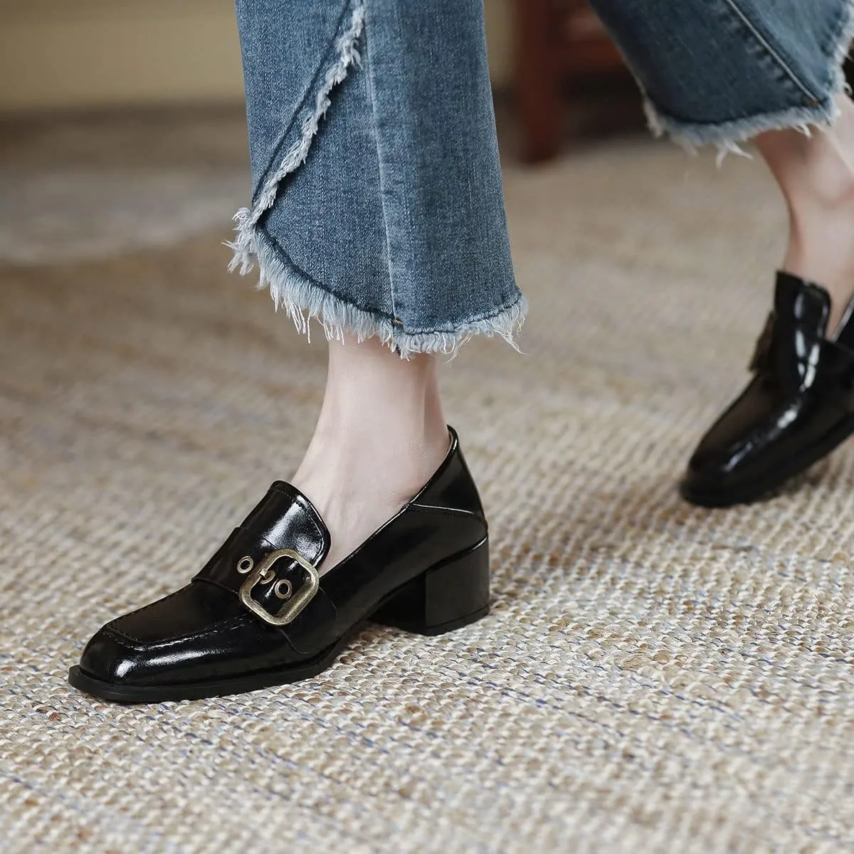 YDN Women Square Toe Heeled Loafers Slip on Block Low Heel Pumps Buckle Fashion Formal Wear Shoes Size 4-15 US