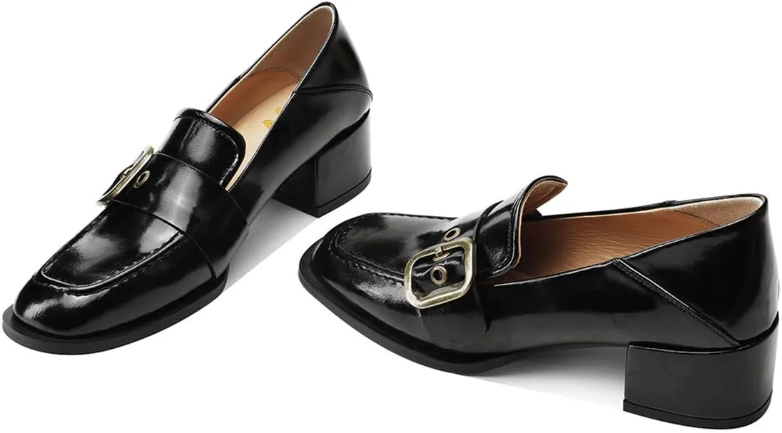 YDN Women Square Toe Heeled Loafers Slip on Block Low Heel Pumps Buckle Fashion Formal Wear Shoes Size 4-15 US