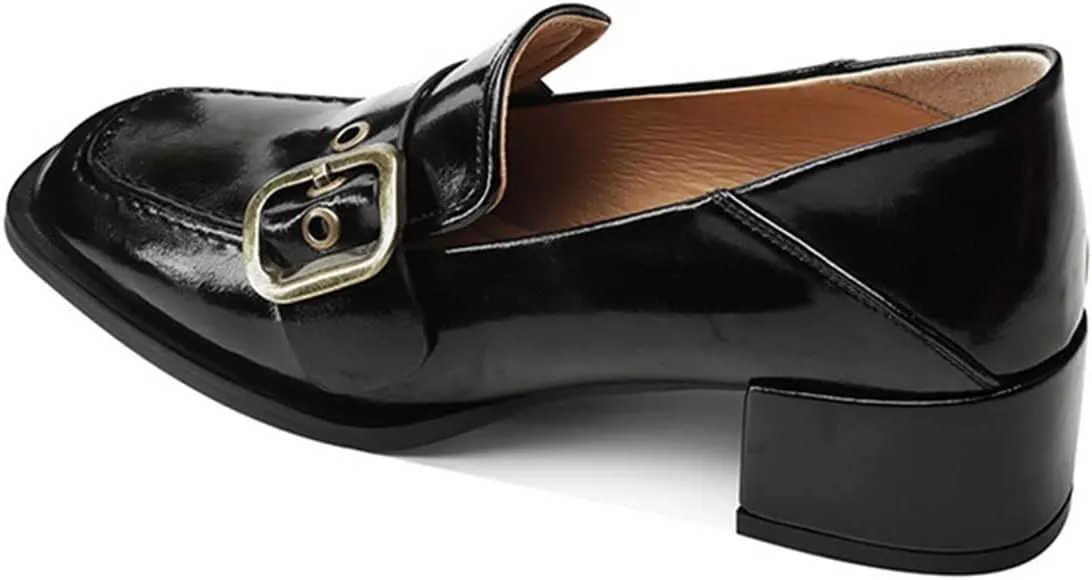 YDN Women Square Toe Heeled Loafers Slip on Block Low Heel Pumps Buckle Fashion Formal Wear Shoes Size 4-15 US