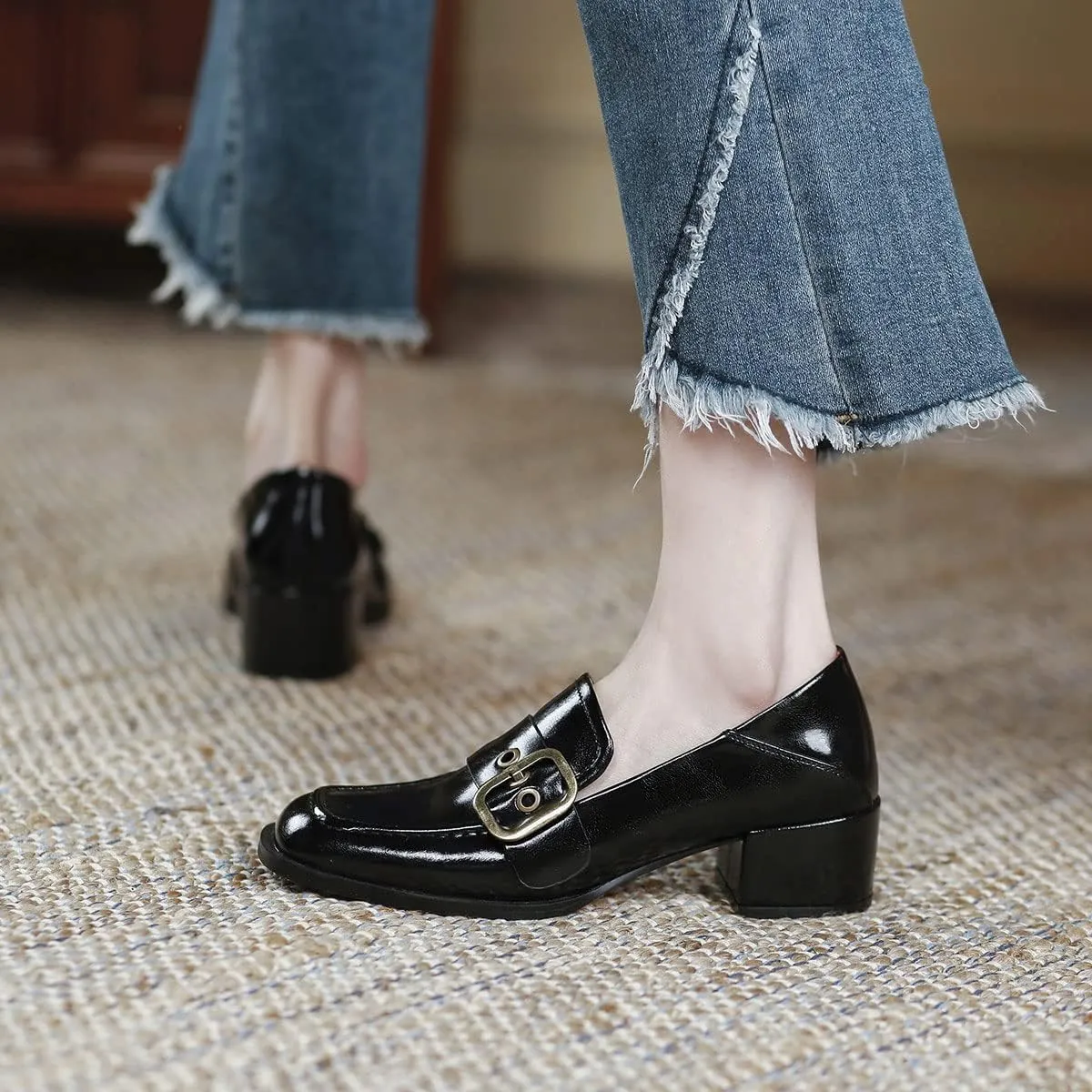 YDN Women Square Toe Heeled Loafers Slip on Block Low Heel Pumps Buckle Fashion Formal Wear Shoes Size 4-15 US