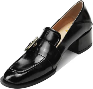 YDN Women Square Toe Heeled Loafers Slip on Block Low Heel Pumps Buckle Fashion Formal Wear Shoes Size 4-15 US