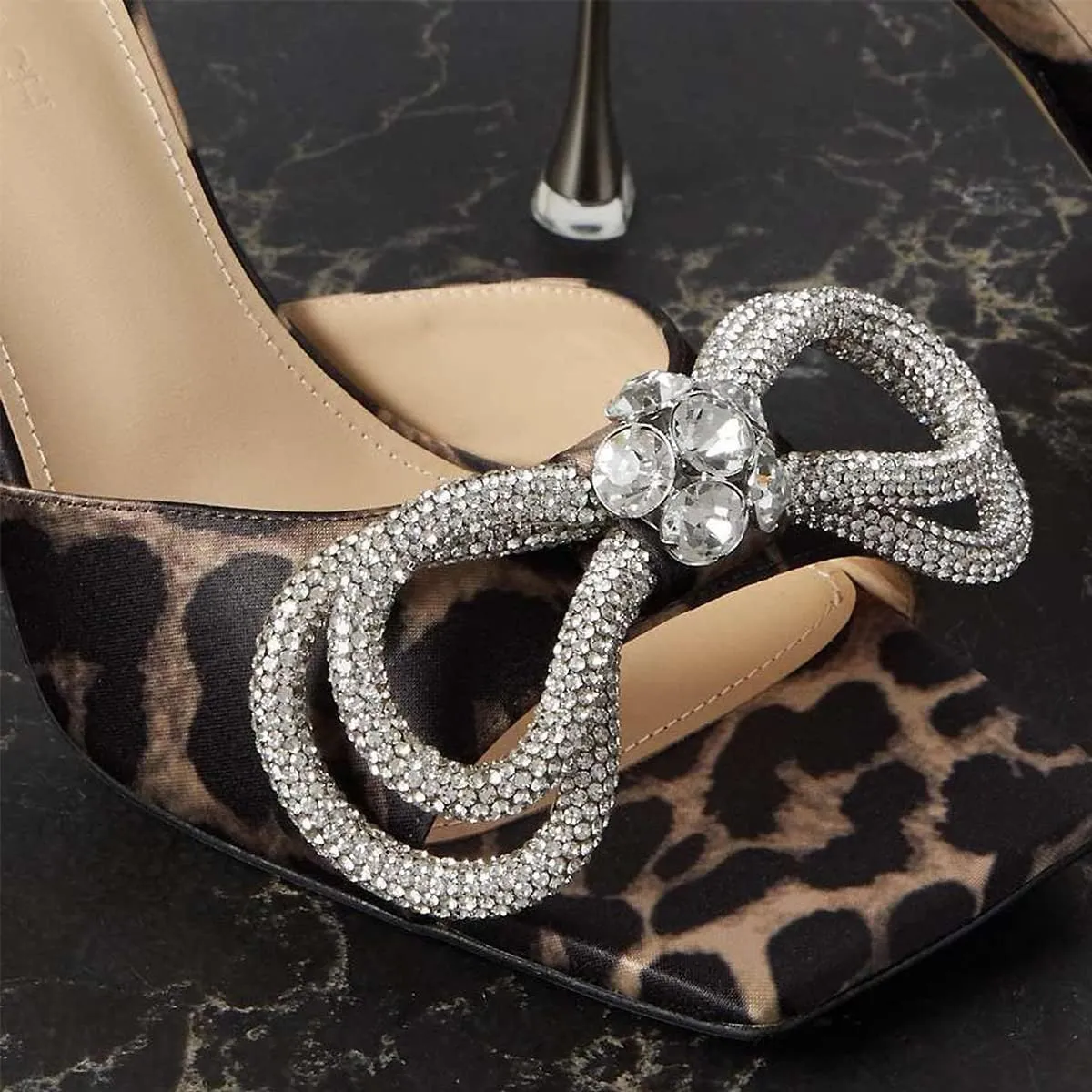 Yolkomo Women's Clear Rhinestone Double Crystal Bow Heels Square Open Toe