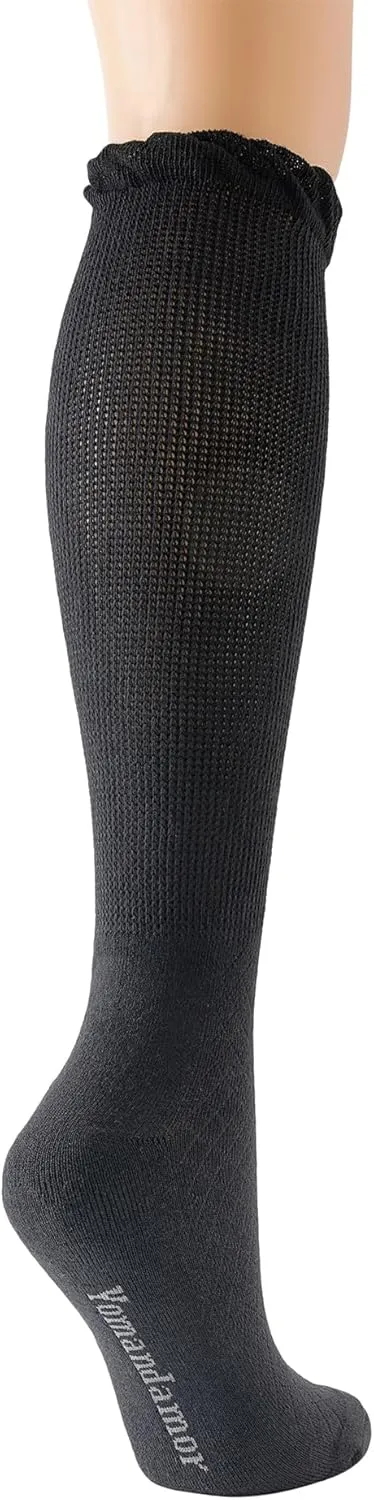 Yomandamor 4 Pairs Womens Diabetic Knee-Hi Seamless Socks Black Long Lace Non-binding Sock,9-11