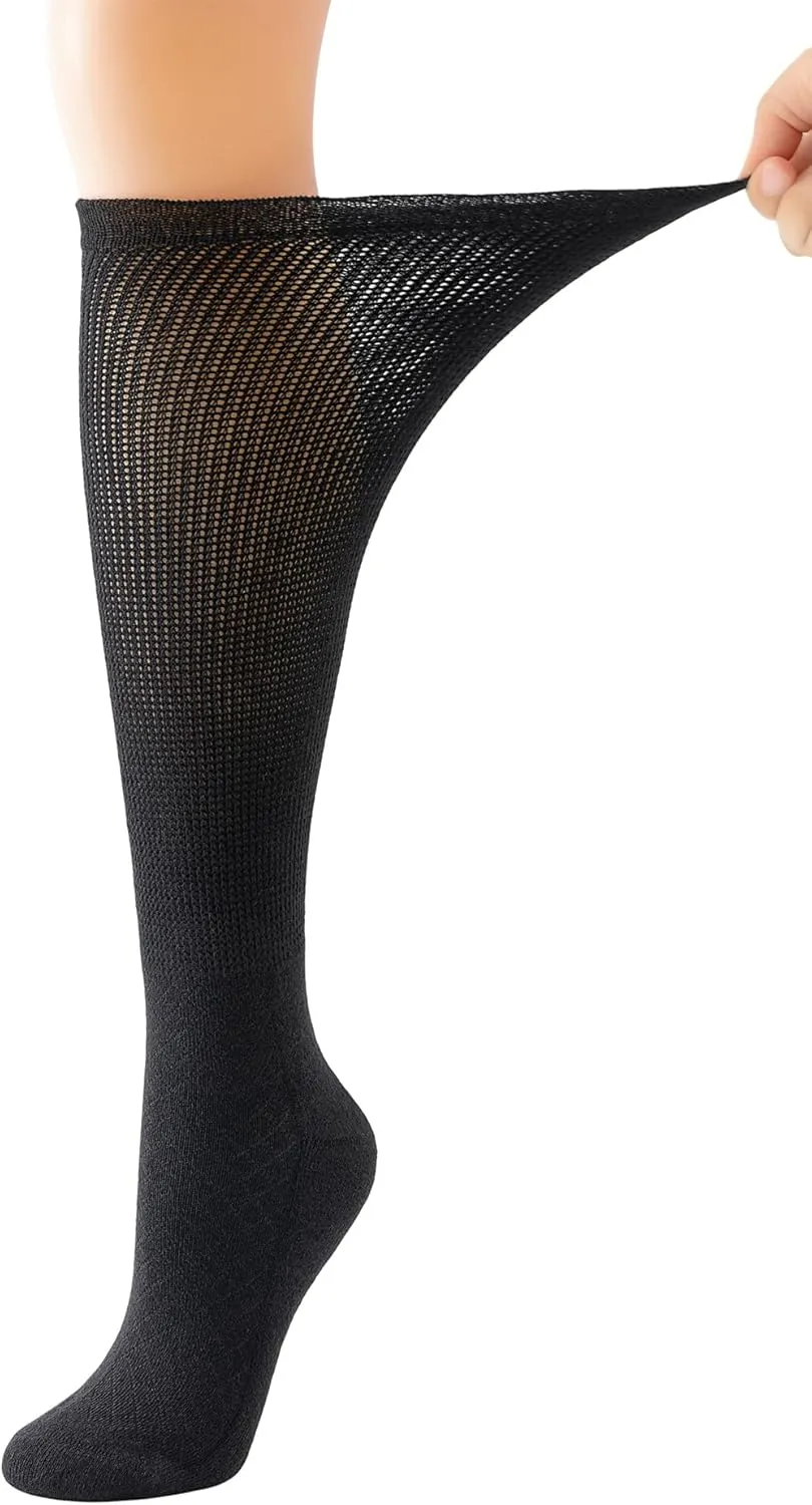Yomandamor 4 Pairs Womens Diabetic Knee-Hi Seamless Socks Black Long Lace Non-binding Sock,9-11