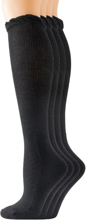 Yomandamor 4 Pairs Womens Diabetic Knee-Hi Seamless Socks Black Long Lace Non-binding Sock,9-11