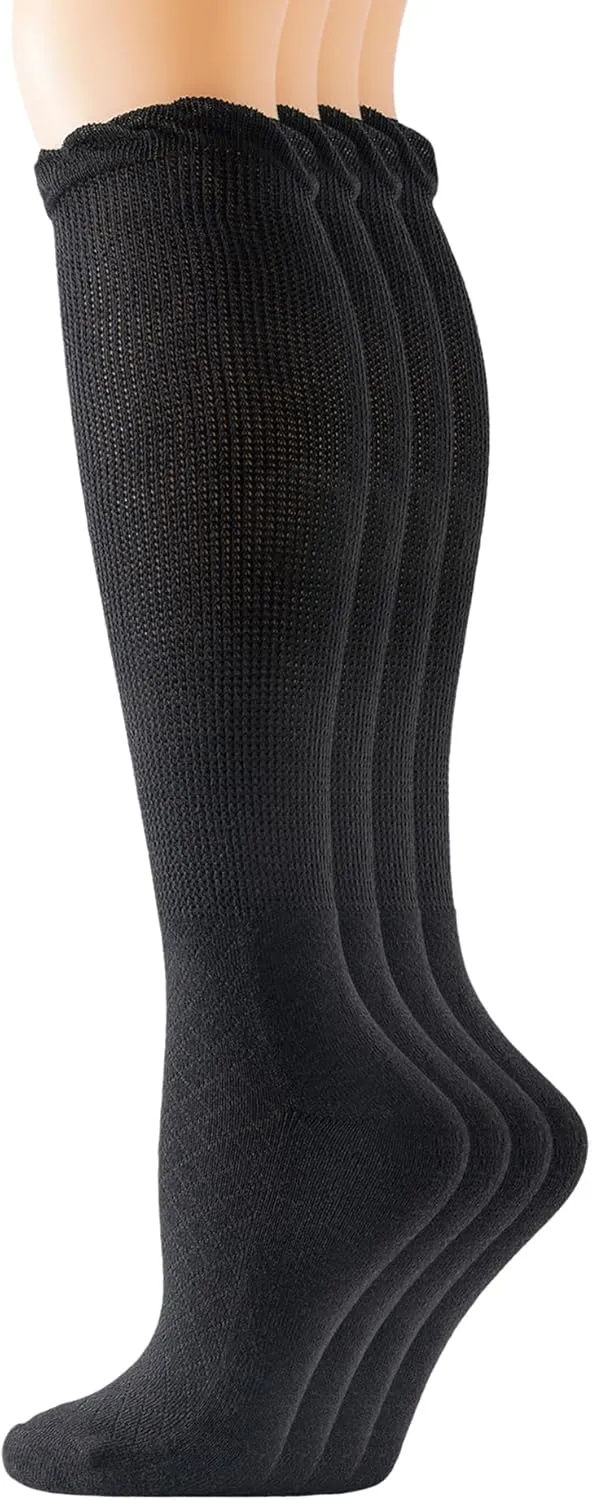 Yomandamor 4 Pairs Womens Diabetic Knee-Hi Seamless Socks Black Long Lace Non-binding Sock,9-11