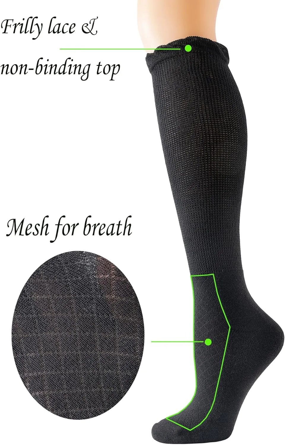 Yomandamor 4 Pairs Womens Diabetic Knee-Hi Seamless Socks Black Long Lace Non-binding Sock,9-11