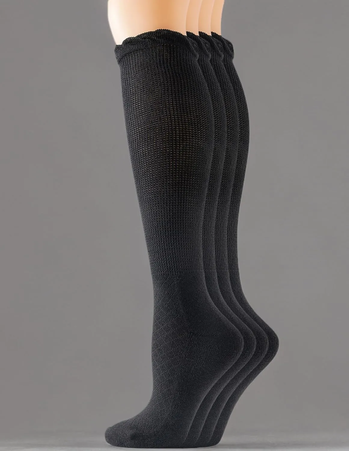 Yomandamor 4 Pairs Womens Diabetic Knee-Hi Seamless Socks Black Long Lace Non-binding Sock,9-11