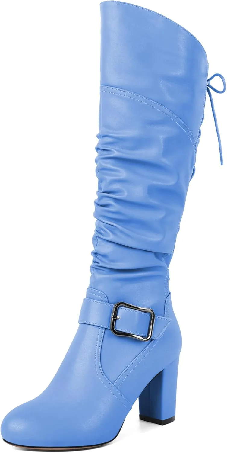 Zamikoo Womens Slouchy Knee High Boots Round Toe Chunky Block Heel Knee Booties Side Zipper Metal Buckle Slouch Dress Boots 3.5 Inch