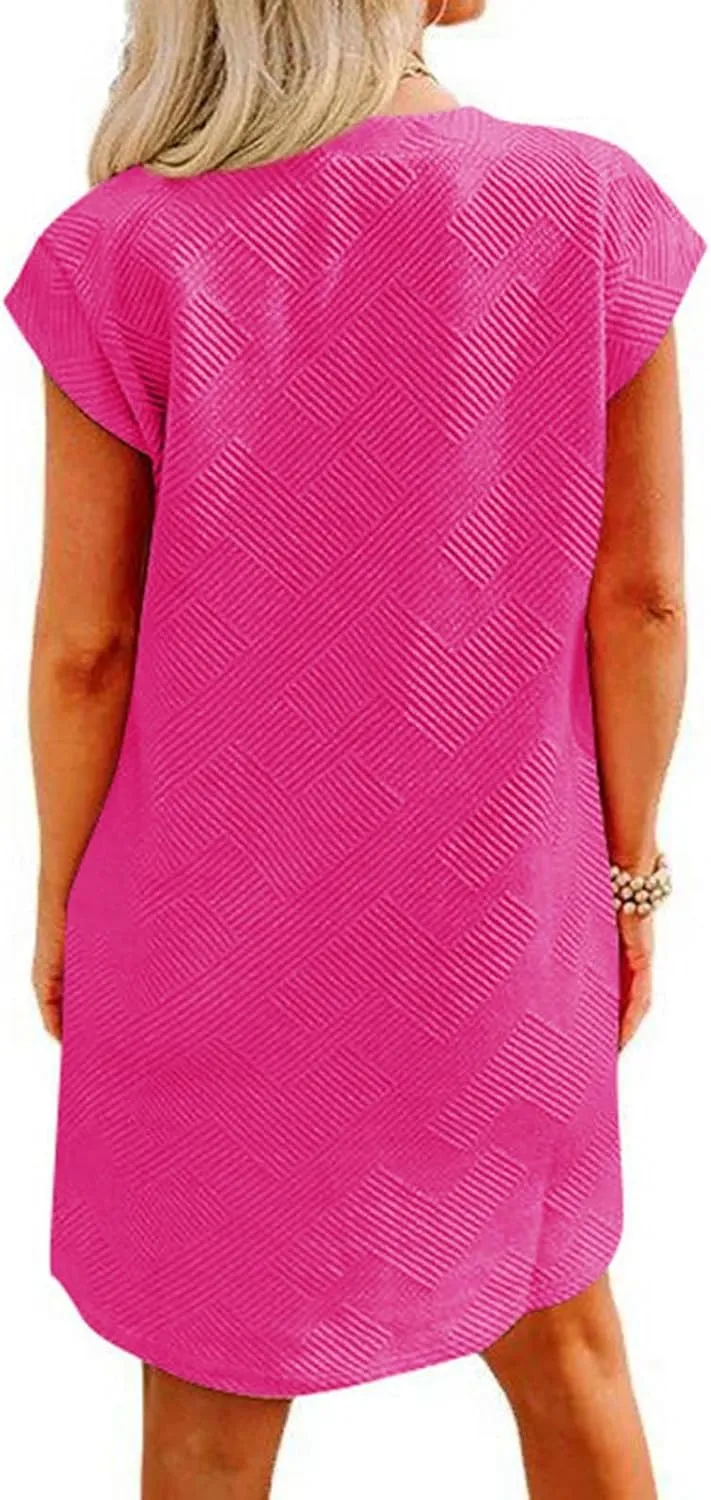 ZDRZK Dresses for Women Casual Cap Sleeve Solid Color Work Sundresses with Pockets Summer Loose Fit Crewneck Mini Dress